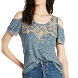 Lucky Brand Cold Shoulder Teal/Gold Embroidered Top, Women's XS